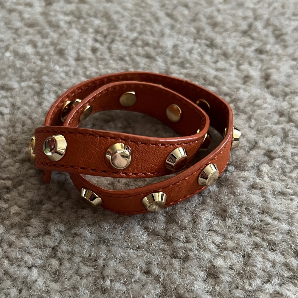 MICHAEL Michael Kors Gold Studded Orange Leather Wrap Bracelet